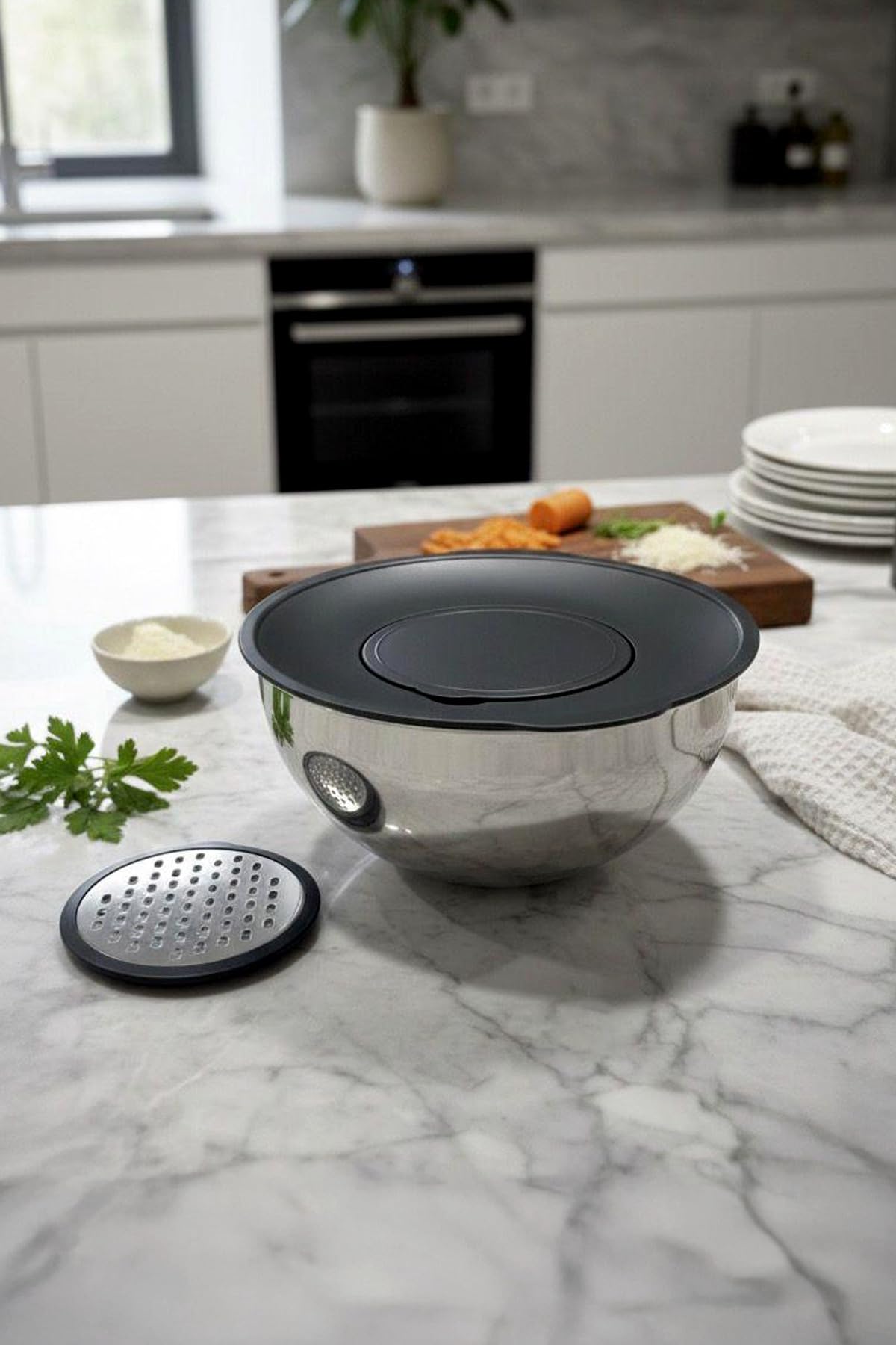 4-teiliges Edelstahl Rührschüssel Set mit Reibedeckel – Profi Küchenschüssel mit Rutschfestem Boden – Rührschüssel, Salatschüssel und Aufbewahrungsschüssel