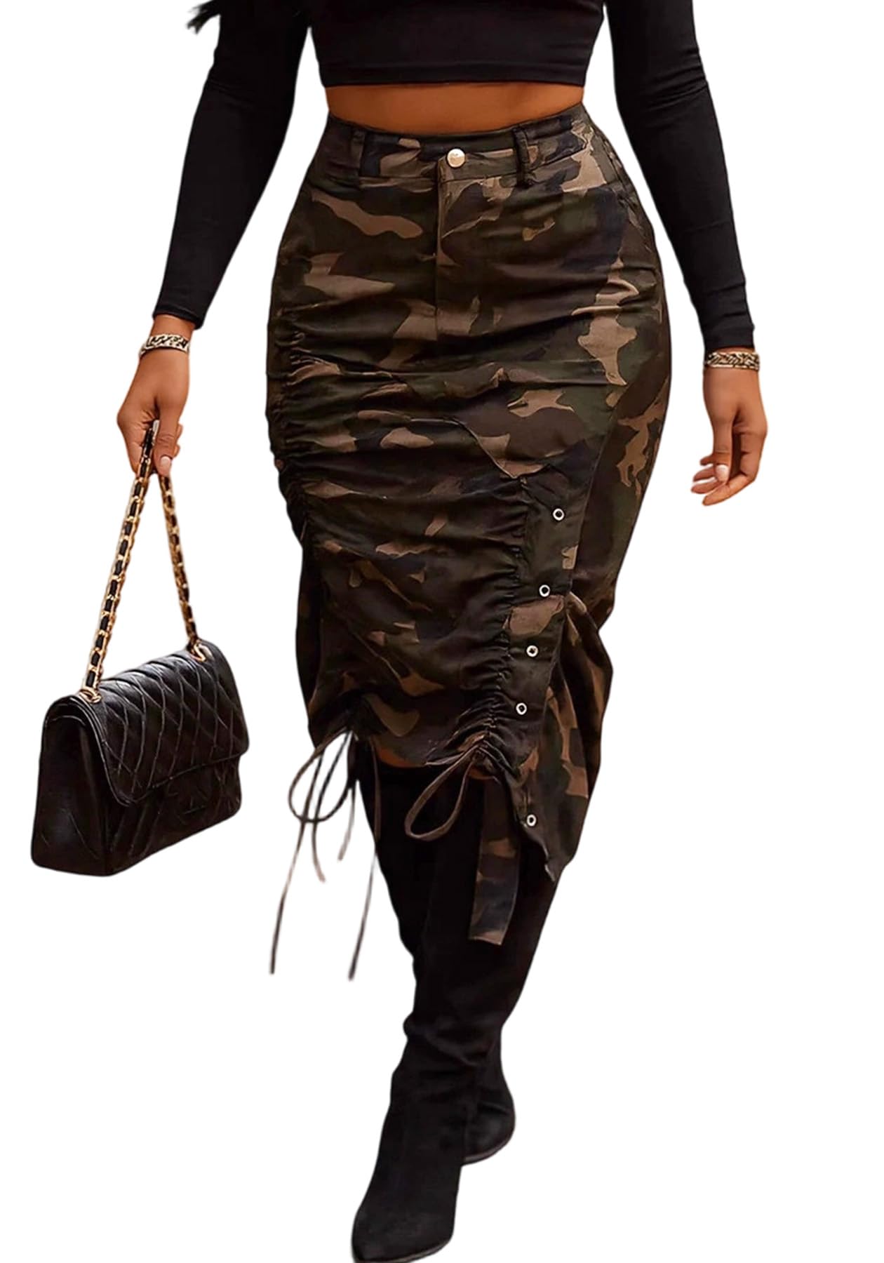 HuiSiFang Womens Camo Midi Skirt High Waisted Ruched Side Y2K Camouflage Bodycon Skirt with Drawstring