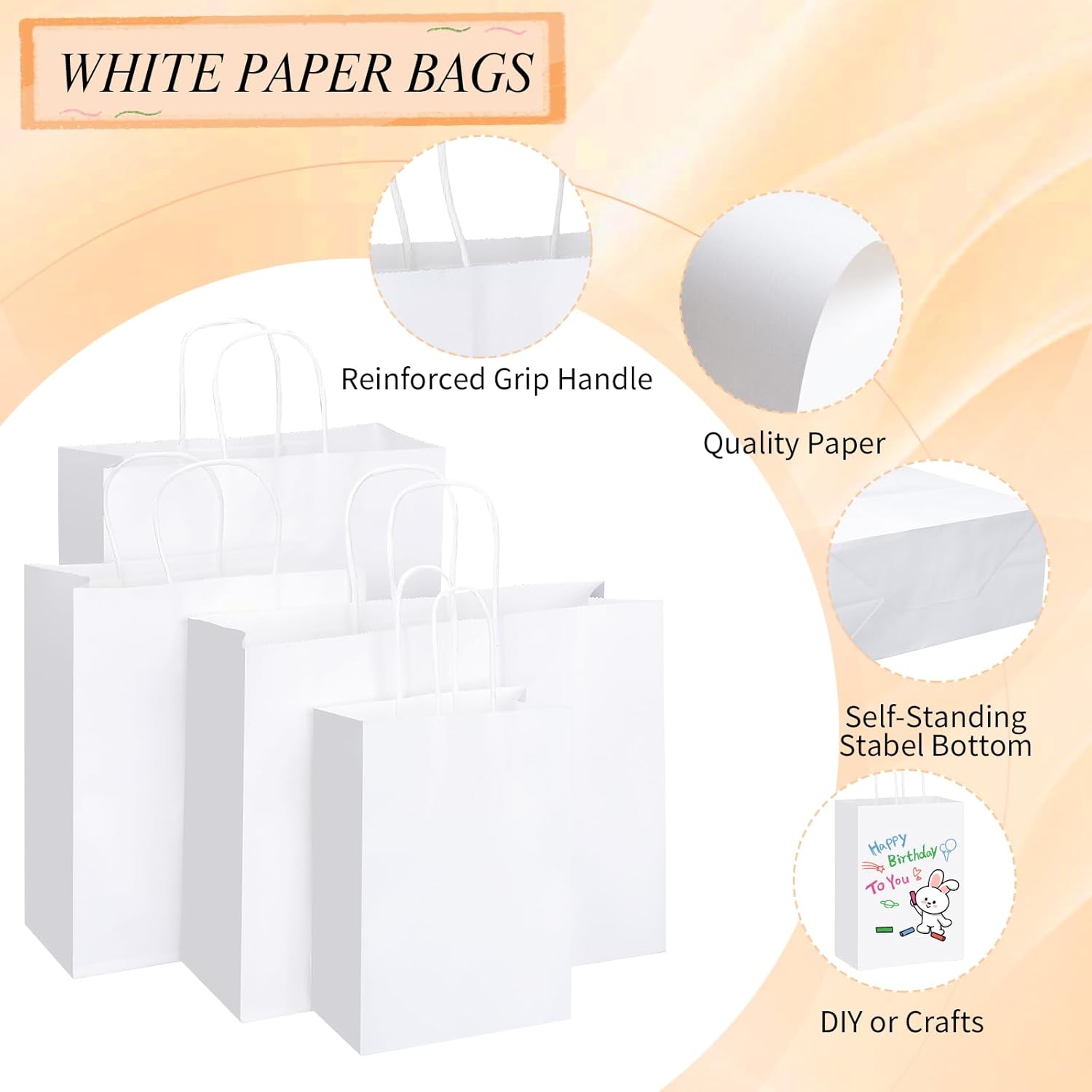 woric 120 PCS White Gift Bags with Handles, Large Gift Bags 4 Assorted Sizes White Paper Valentine's Day Bags Bulk for Gifts Small Business Retails Shopping - Image 3
