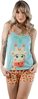 Pijama Curto Baby Doll Girafa Estampado Fofo Conforto