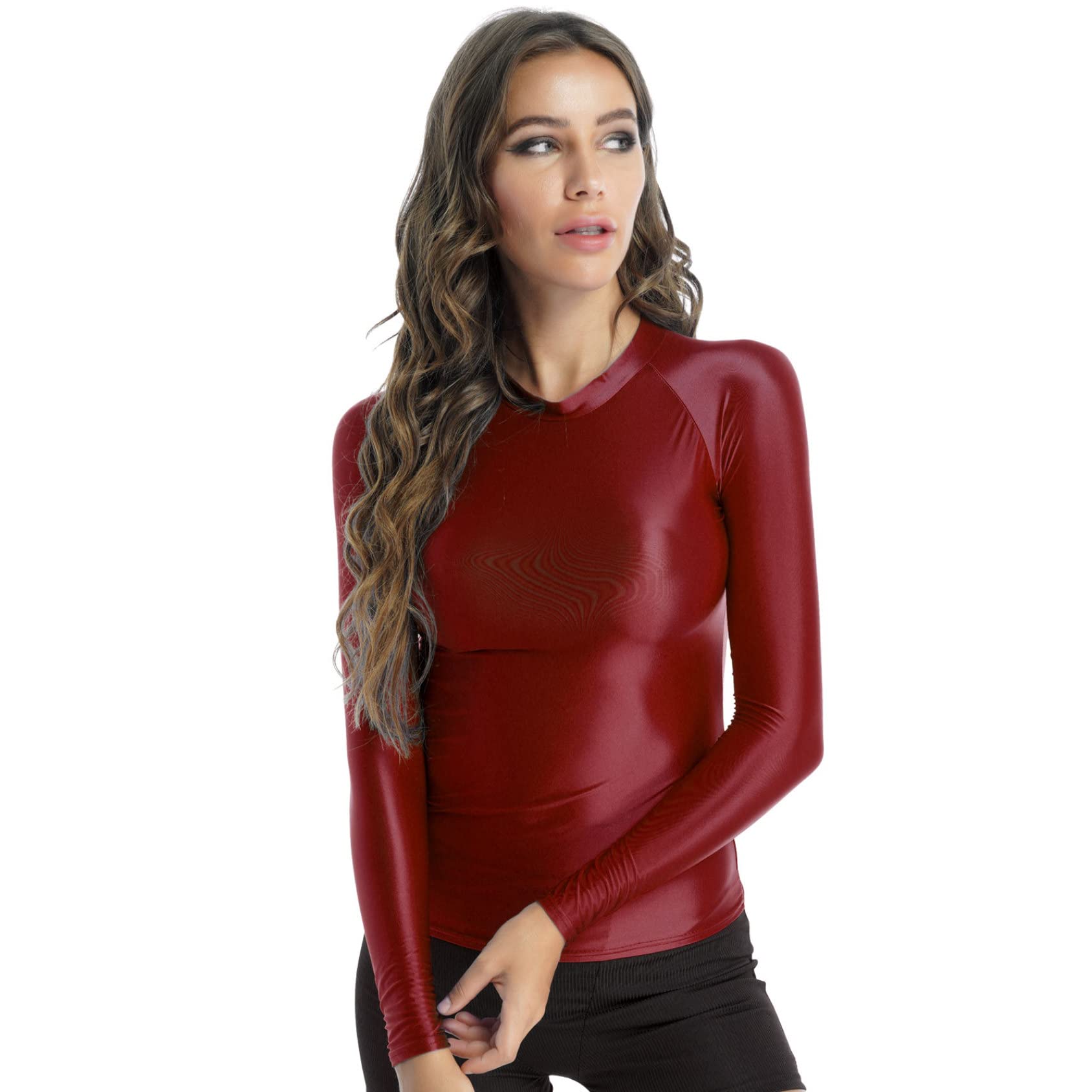 Daenrui Women's Glossy Silky Long Sleeves Gym Shirts Top Casual Compression Workout Yoga Tops Burgundy Medium