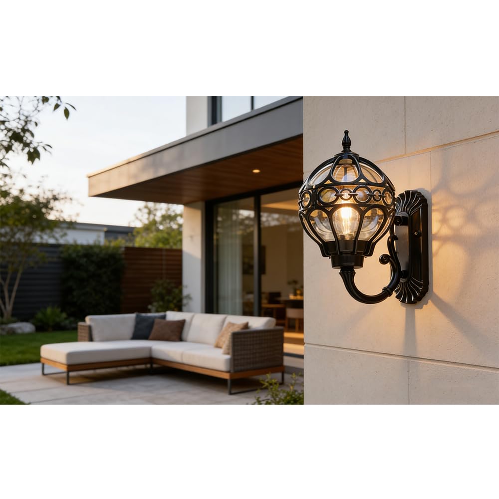 ChaoZan Retro Outdoor Light - Vintage Waterproof Wall Sconce with Glass, Aluminum Housing, for Porch, Garden, Garage, Front Door, Patio, Balcony, Black