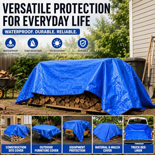 Image of 8 Pack 4 x 6 ft 5.5 Mil Small Tarps Heavy Duty Waterproof Tarp Multi Purpose Tent Cover for Home Boats Cars Camping Patio Furniture Roof Emergency Rain Protective Cover, Blue