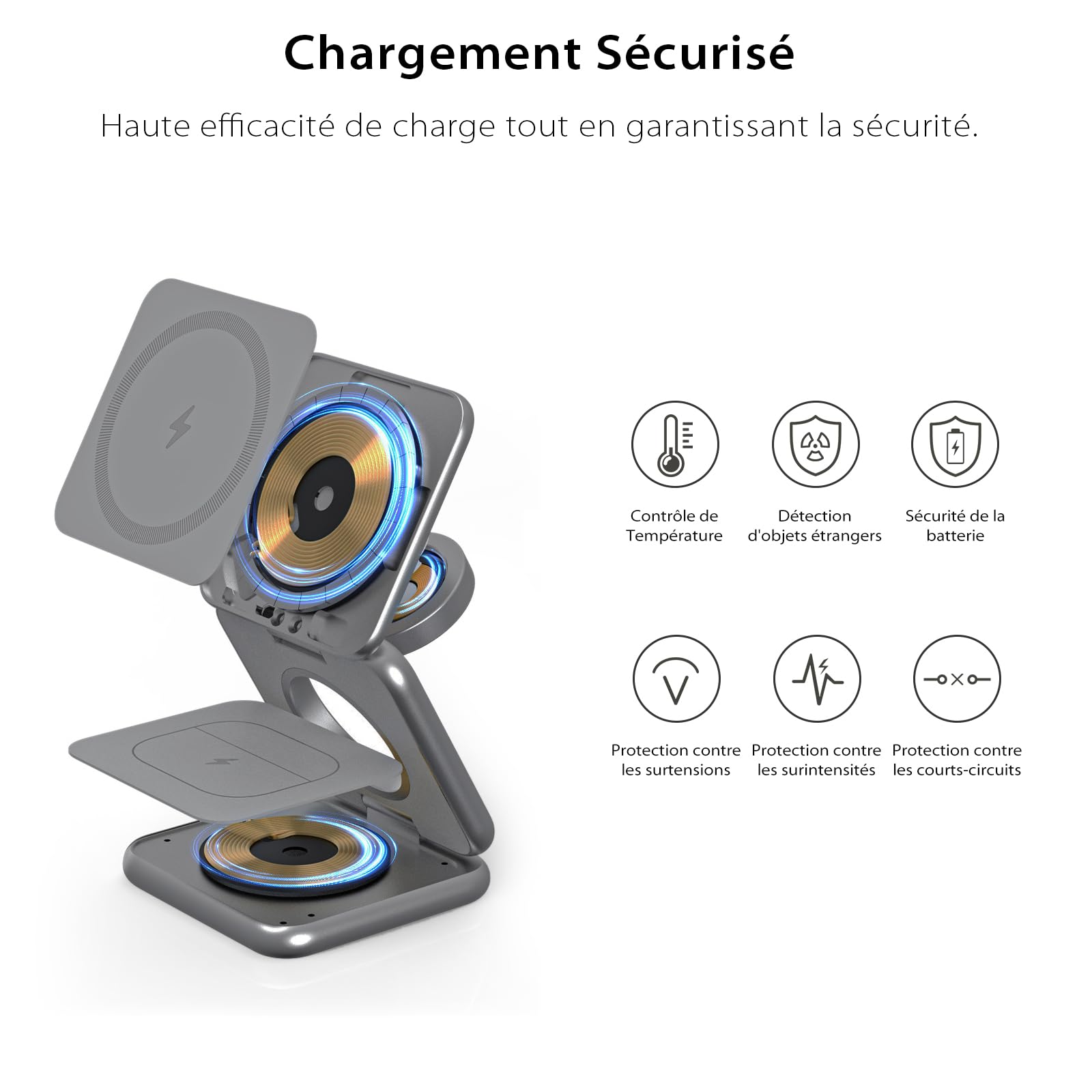 KU XIU X40 Station de Charge 3-en-1, Chargeur Induction Pliable pour iPhone 17–12 / Air, 5W pour iWatch Séries 4–11 / SE/Ultra et Écouteurs sans Fil 2/3/4 / Pro – Gris, Boîtier en Aluminium