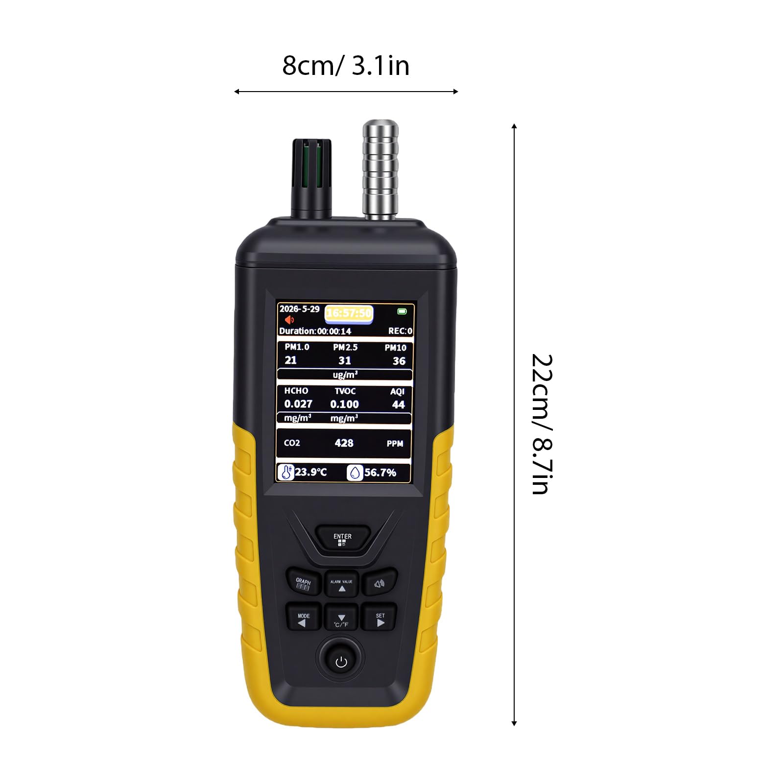 Fafeicy Monitor della qualità Dell'aria CO2 TVOC HCHO PM1.0 PM2.5 PM10 Rilevatore di umidità della Temperatura Tester Dell'aria Interna per Officina di Casa e Ufficio con Batteria