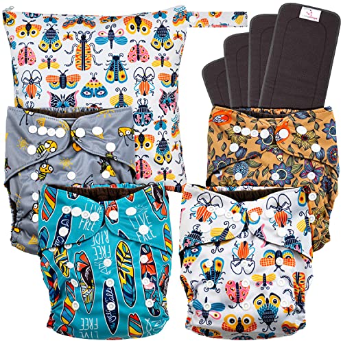 Image of LittleDingo Reusable Cloth Diapers for Babies and Toddlers - 4 Reusable Charcoal Bamboo Diapers + 4 Charcoal Bamboo Inserts and 1 Reusable Diapers Wet Bag
