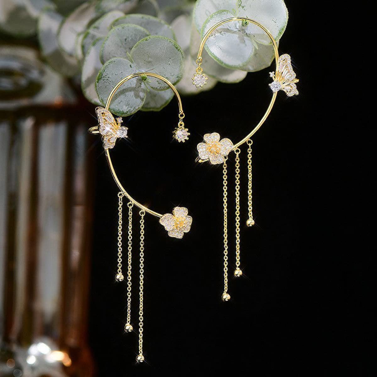 Butterfly Tassel Style Zircon Earrings, No Pierced Wraparound Butterfly Flowers Tassels Earrings,Womens Girls Jewelry Gift