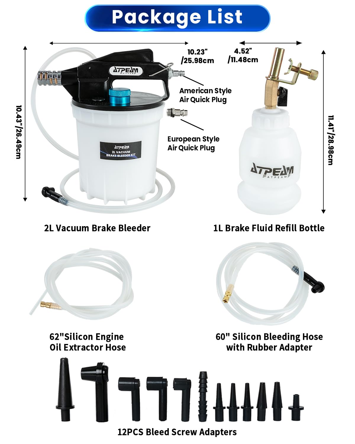 ATPEAM Spurgo Freni Pneumatico 2L, Kit Professionale per Spurgo Freni Auto e Moto, Dispositivo ad Aria Compressa con Bottiglia di Riempimento 1L e Adattatori Universali