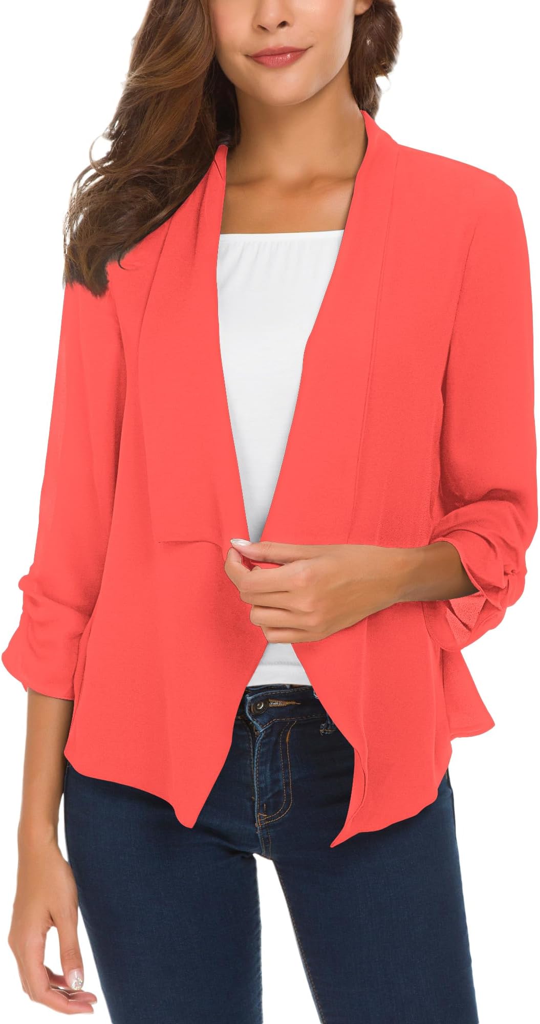 Women's Ruched Sleeve Lightweight Thin Chiffon Blazer