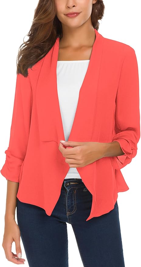 Urban CoCo Women's Ruched Sleeve Lightweight Thin Chiffon Blazer — Peach