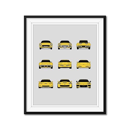 Chevy Corvette Generations Inspired Car Poster - Handmade Print of C1 C2 C3 C4 C5 C6 C7 C8 - Yellow, 11x14" Satin Print (Unframed) - Perfect Gift disponible en Yaxa Peru
