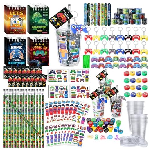 RoundFunny 265 Pcs Video Game Party Favors Gamer Birthday Party Decorations Gamer Cups Notebook Pencils Sharpener Keychain Slap Bracelets Ring Stamp Sticker for Gaming Supplies Reward Gift
