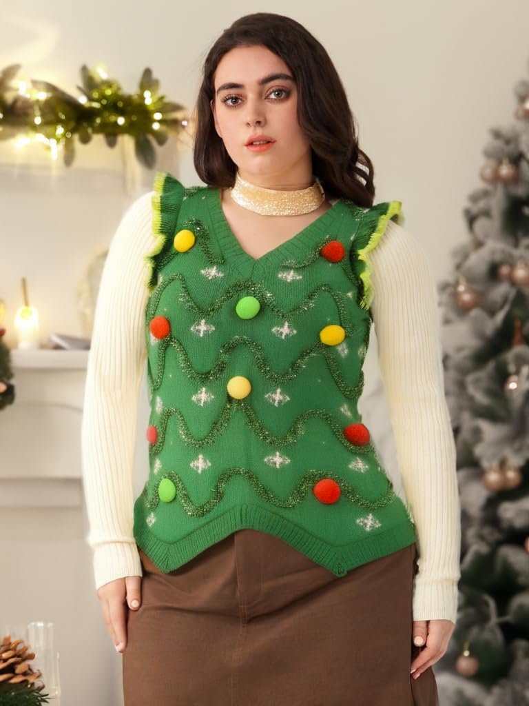 v28 Ugly Christmas Sweater for Women Reindeer Funny Merry Knit Sweaters Vest