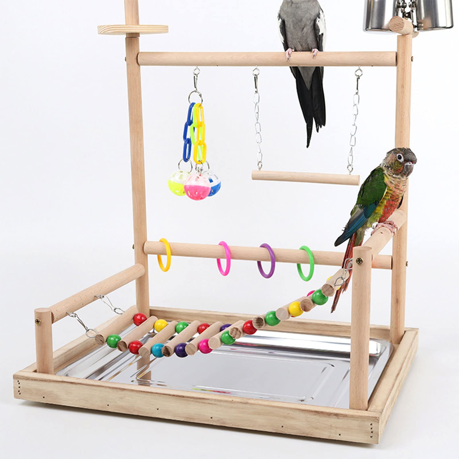 Vogelsitz, Papageien, Spielständer, Nymphensittiche, Spielständer, Spielzeug mit Leiter, Kauspielzeug, Futterbecher, Übung und Spielen für Vögel, Vogelspielplatz, Naturholz Sitzstangenständer mit groß