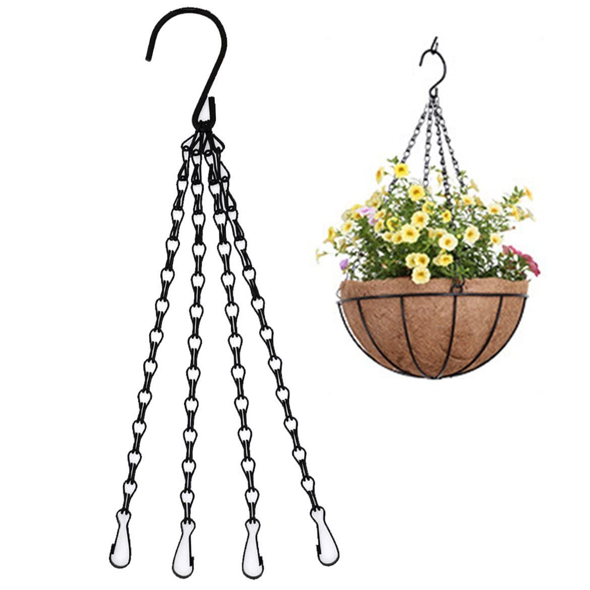 Fituenly 16inch Hanging Basket Chains 4 Point Heavy Duty Black Metal Chain Hangers with 4 Clip Hook for Hanging Plants Flowers Baskets Pot
