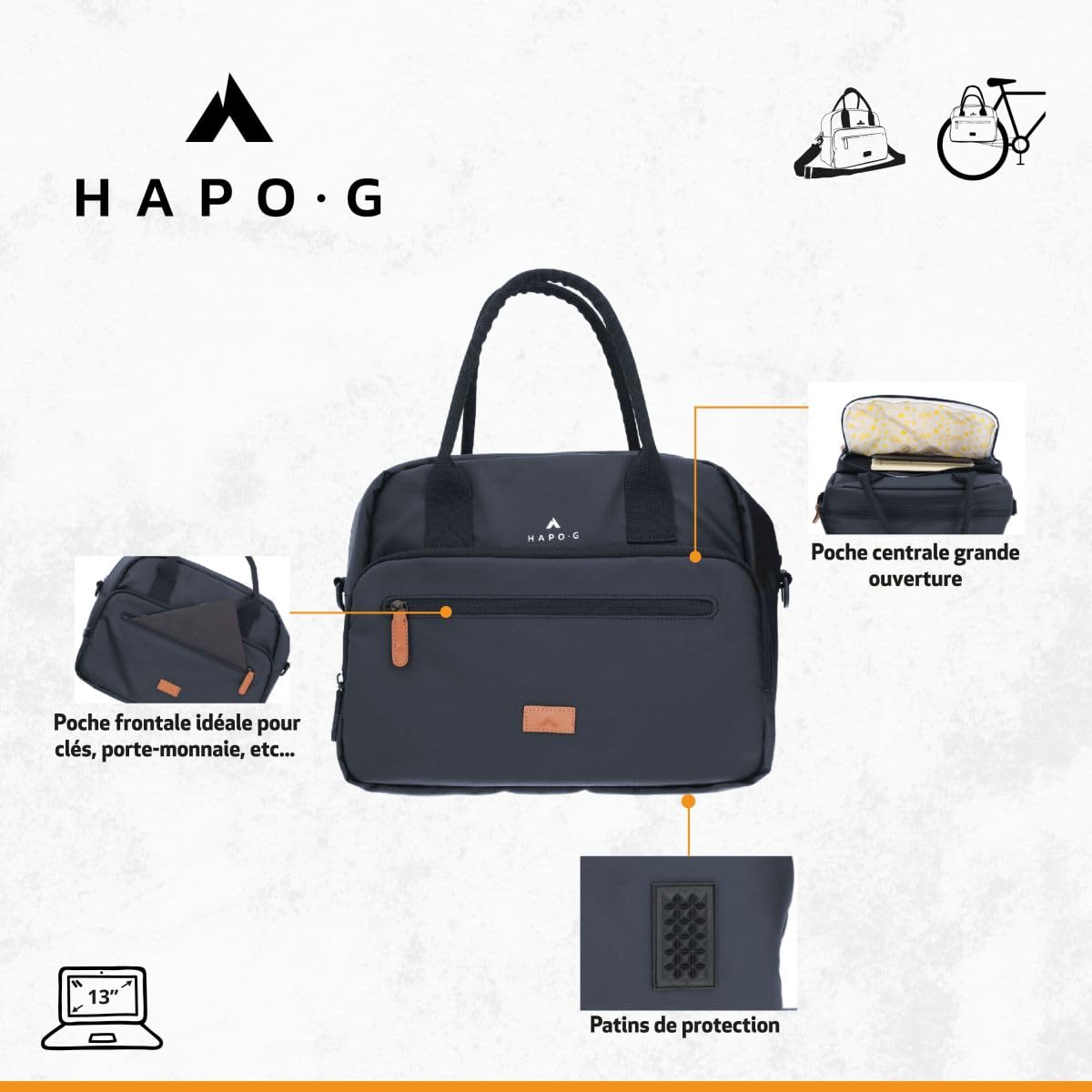 Hapo-G - Sacoche vélo - Fixation Porte-Bagage arrière ou Guidon Avant - Capacité de 14L - Bleu - 34 x 15 x 28 cm - Accessoire vélo électrique (VAE), VTT, VTC, Ville