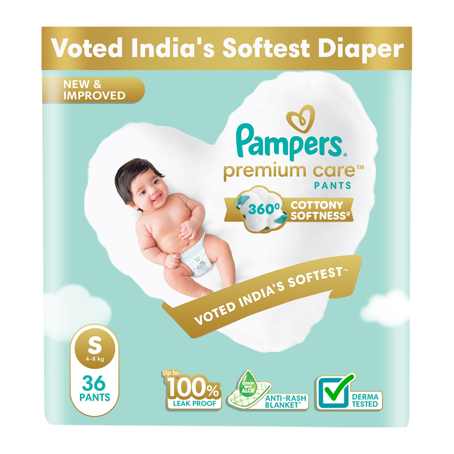 Pampers Premium Care Pant Style Baby Diapers, Small (S size), 36 Count, 4-8kg, All-in-1 with 360 Cottony Softness Diapers