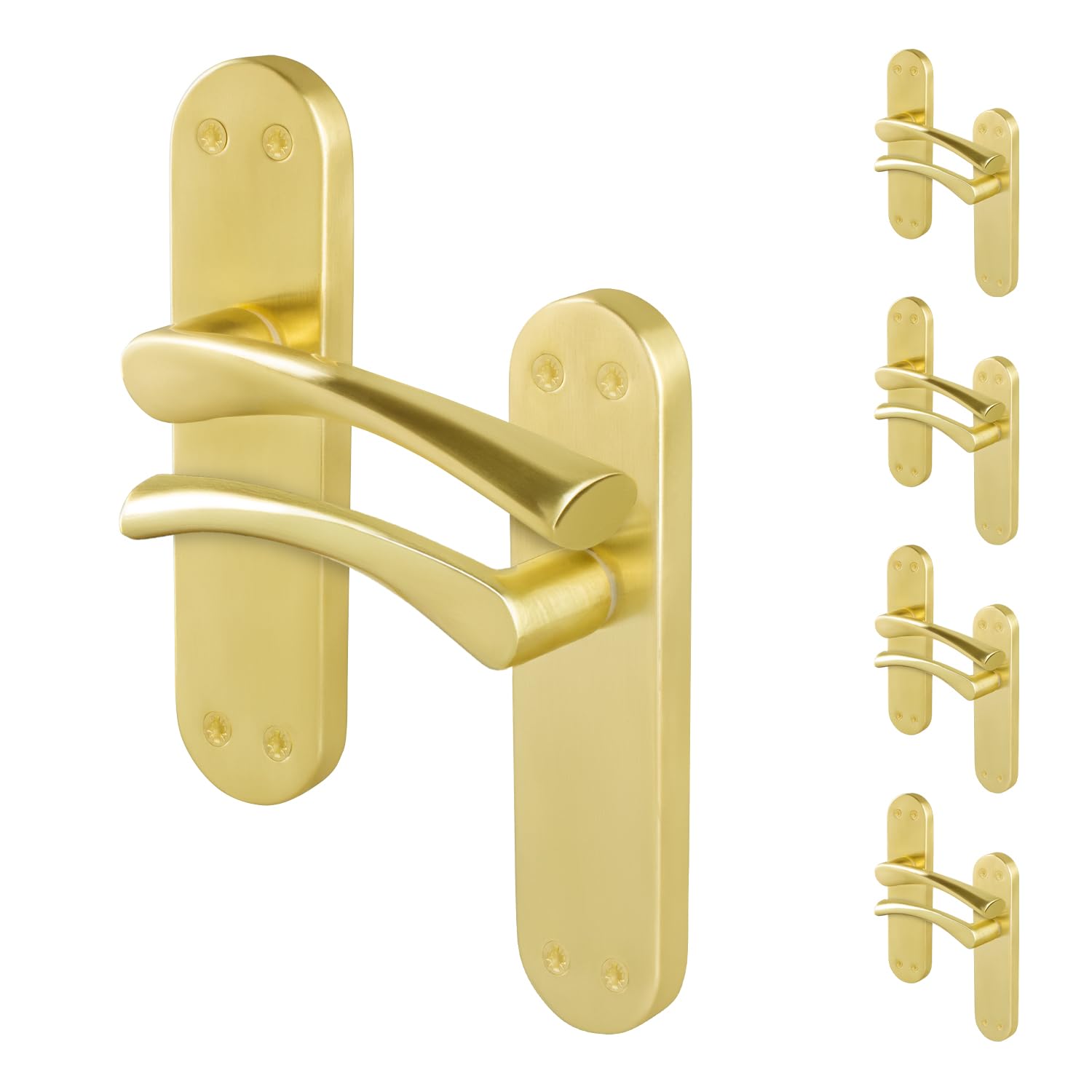 EAI Satin Brass Door Handles, 5 Pairs on Backplate - Novoli