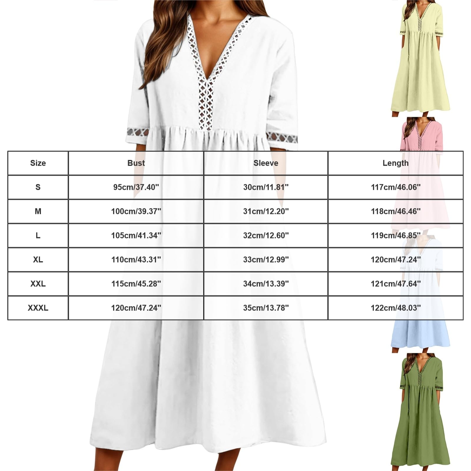 Vestito Spiaggia Donna Abito Lungo Estivo da Donna in Cotone e Lino con Scollo a V all'Uncinetto, Casual e Ampio, Ideale per la Spiaggia Le Vacanze, con Tasche. Abito Lungo Elegante