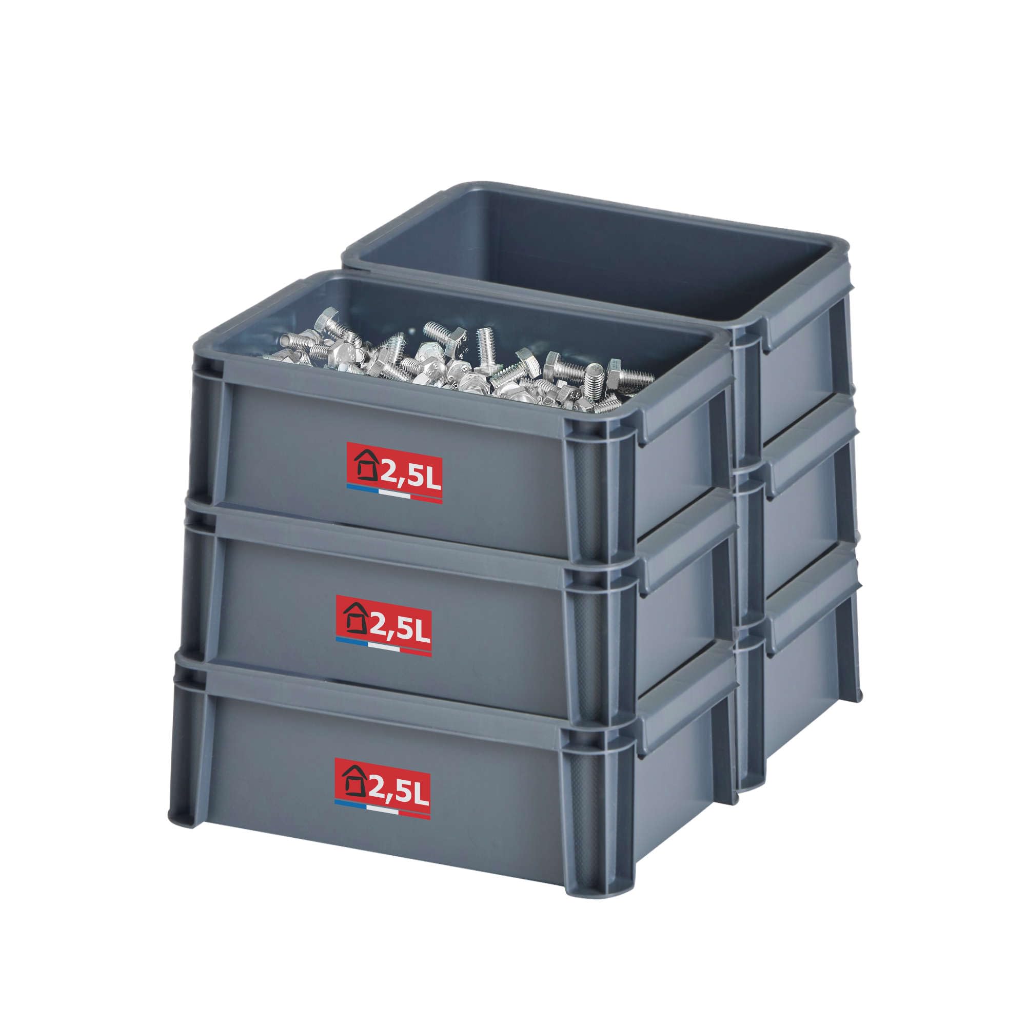 Sundis Master Box, Set of 6 Storage Boxes, 2.5 L, Recycled Plastic, Robust and Reinforced, Stackable and Combinable, Ideal for Workshop, DIY, Transport