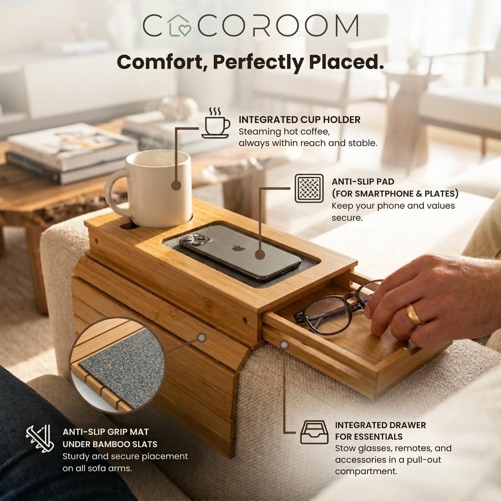 Sofa Arm Tray with Drawer, Bamboo Couch Armrest Table, Natural