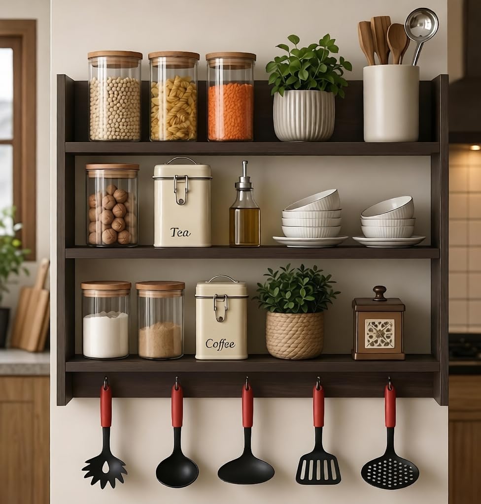Modern Kitchen Wall Shelf with Hooks, 3-Tier White and Beech Wood Storage Rack, 55 x 50 cm, Utensil Organizer with Spice Jar Display (Brown)-image-16