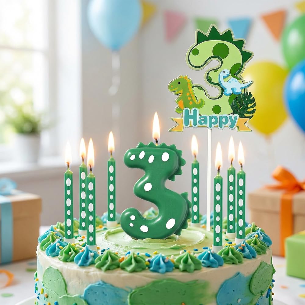 Dinosaur Number 3 Birthday Candles - Safe Non-Toxic Long Burning Cake Candles for 3rd Birthday Party Decorations, Green Dinosaur Theme Candle Set with Number Topper
