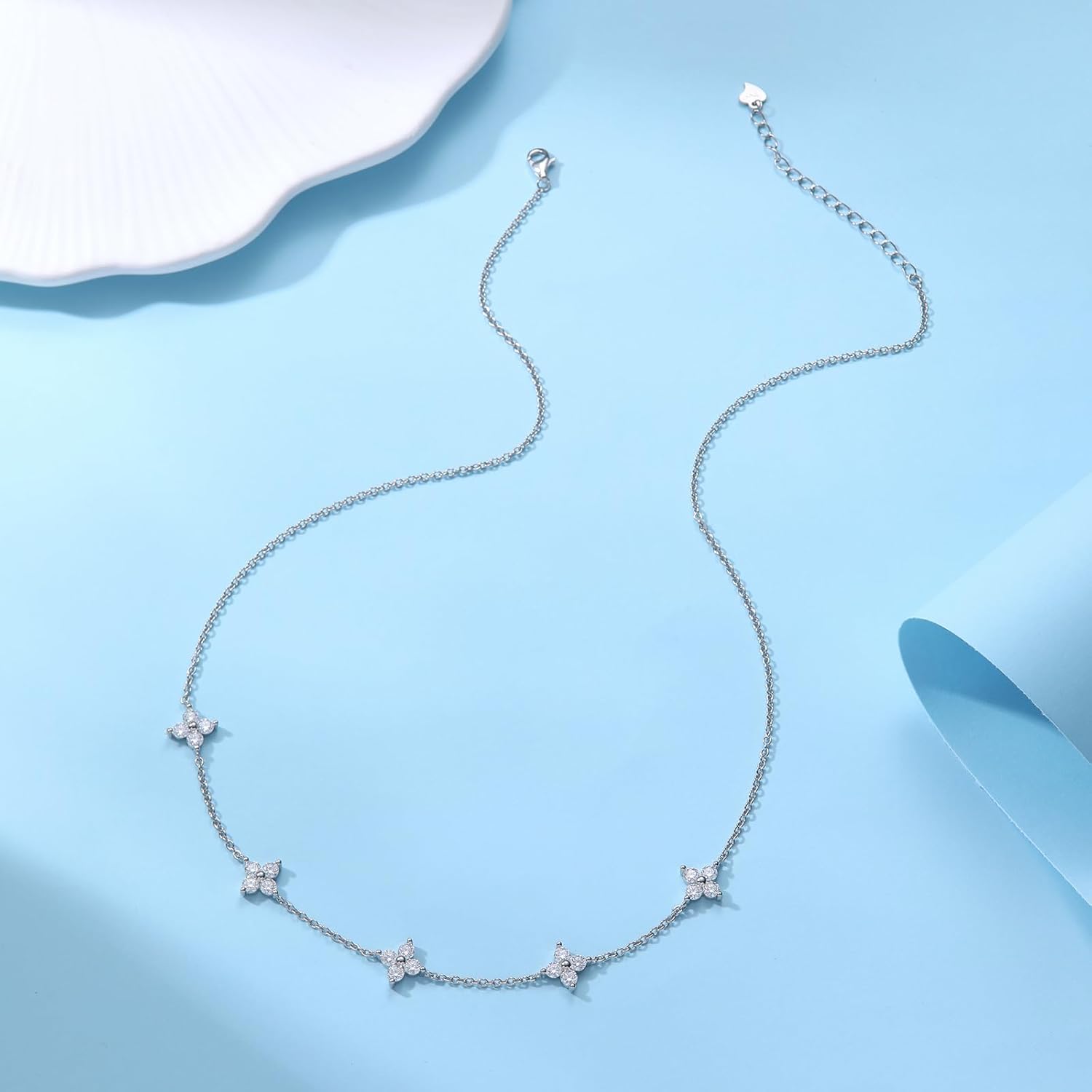 Moissanite Necklace for Women, Four-leaf Clover Lab Created Diamond Pendant, 18K White Gold Plated 925 Sterling Silver Necklace, Gifts for Women Wife Mom Jewelry, 18+2inch - Image 3