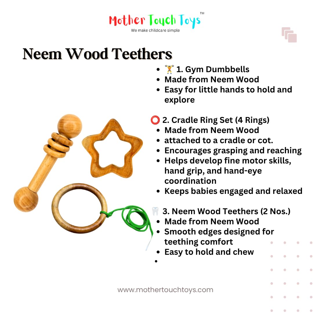 Mother Touch Toy Neem Wood Baby Rattles & Teethers Set (8 Items) | Non-Toxic, BPA-Free Wooden Infant Toys for 0–2 Years | Natural Neem Jhunjhuna, Teethers & Cradle Rings Gift Box 1