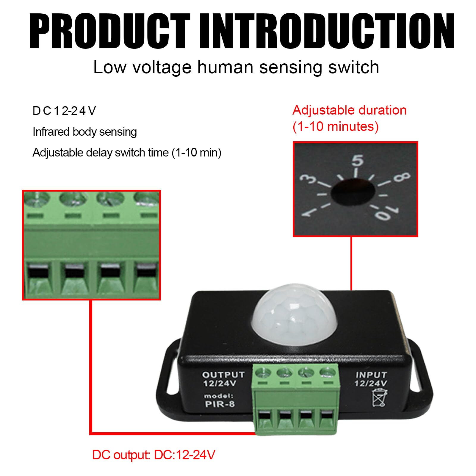 Koerper Lot De 4 Capteurs Infrarouges PIR DC 12 V 24 V Interrupteur Automatique Détecteur De Mouvement Extérieur Interrupteur Pour Bandes LED / Ampoules LED Noir