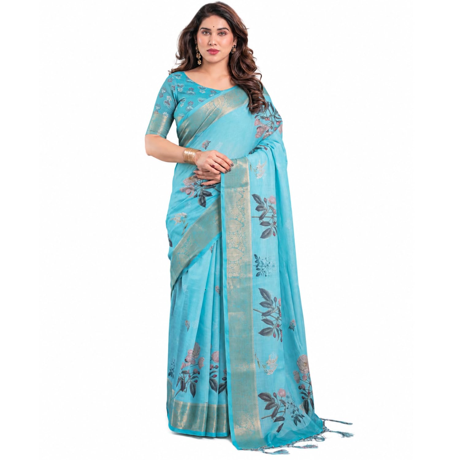 Women's Premium Cotton Linen Silk Saree Featuring Jacquard Zari Woven Brocade Work & Unstitched Blouse Piece | Comfortable Traditional Indian Ethnic Pattuu Sari-picture-35