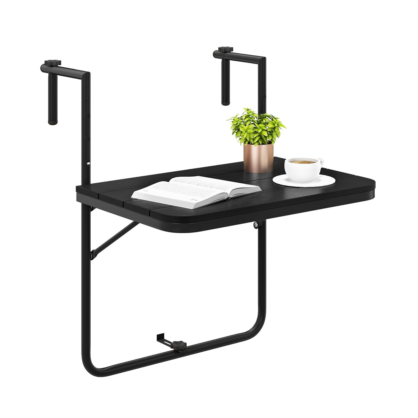 GYMAX Tavolino da Appendere al Balcone, Tavolino Sospeso Pieghevole e Regolabile in Altezza, Resistente alle Intemperie e Senza Ruggine per Ringhiere del Balcone, fino a 30 kg, 60×62,5×84 cm (Nero)
