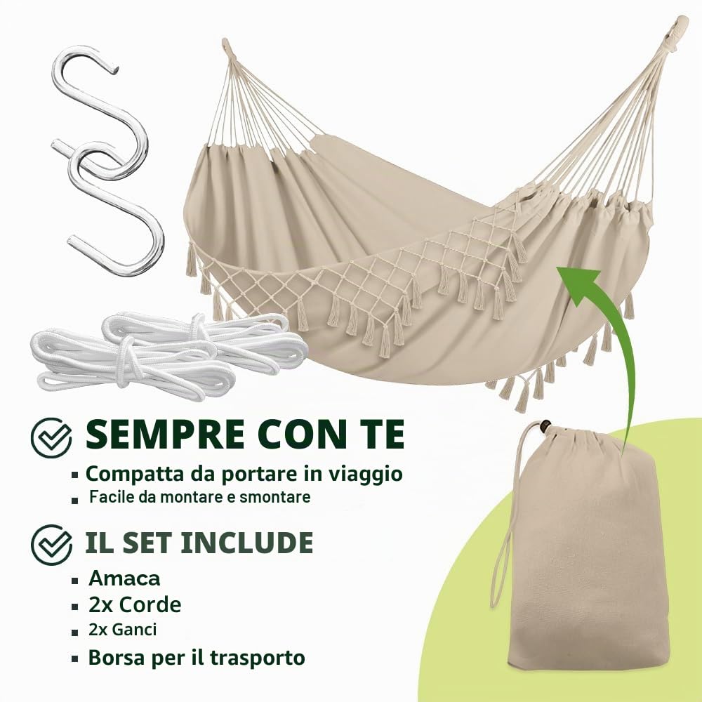 Amaca da esterno in stile bohémien 190 x 150 cm beige 120 kg cotone poliestere con frange sacchetto trasporto