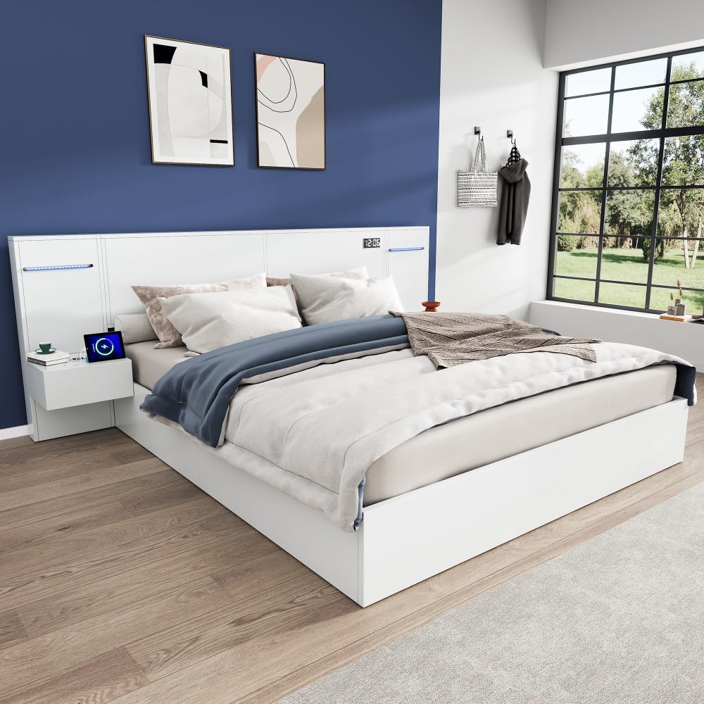 Struttura letto 180x200 con rete a doghe, letto con comodini integrati, letto matrimoniale in legno con porta USB e LED, orologio elettronico, senza materasso, bianco