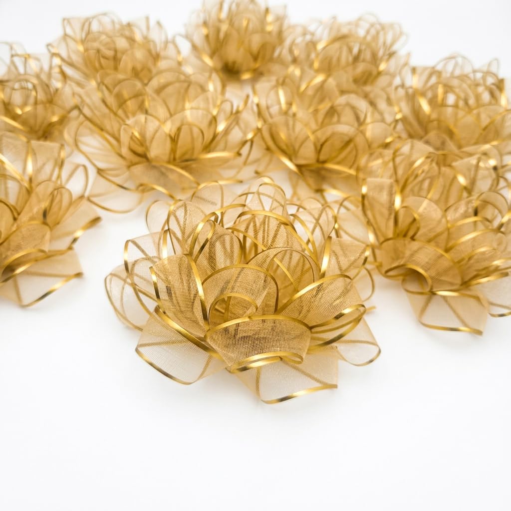 ZYOOO 10 Pcs Gold Gift Bows for Gift Wrapping,4.5 Inch Large Pre Tied Organza Star Bows,Peel and Stick Christmas Bows with Self Adhesive for Presents,Baskets,Bags,Birthdays,Weddings,Graduation Decor