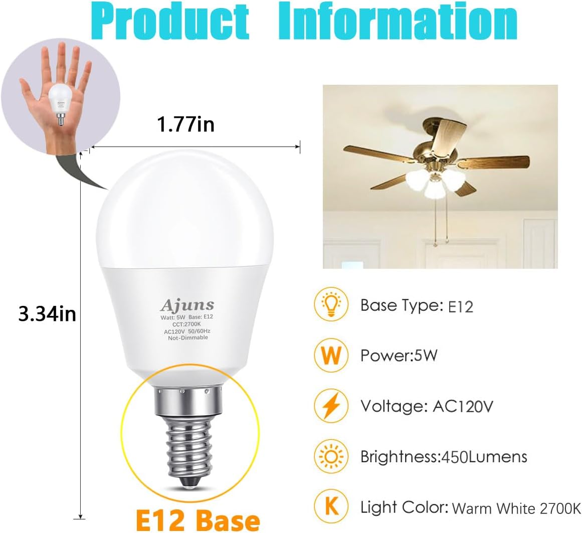 5Watt (40W Equivalent) LED Bulbs, E12 Small Base Ceiling Fan Light Bulbs,450 Lumen,Warm White 2700K, 120V A15 LED Bulb Globe Shape,Non Dimmable, 6 Packs