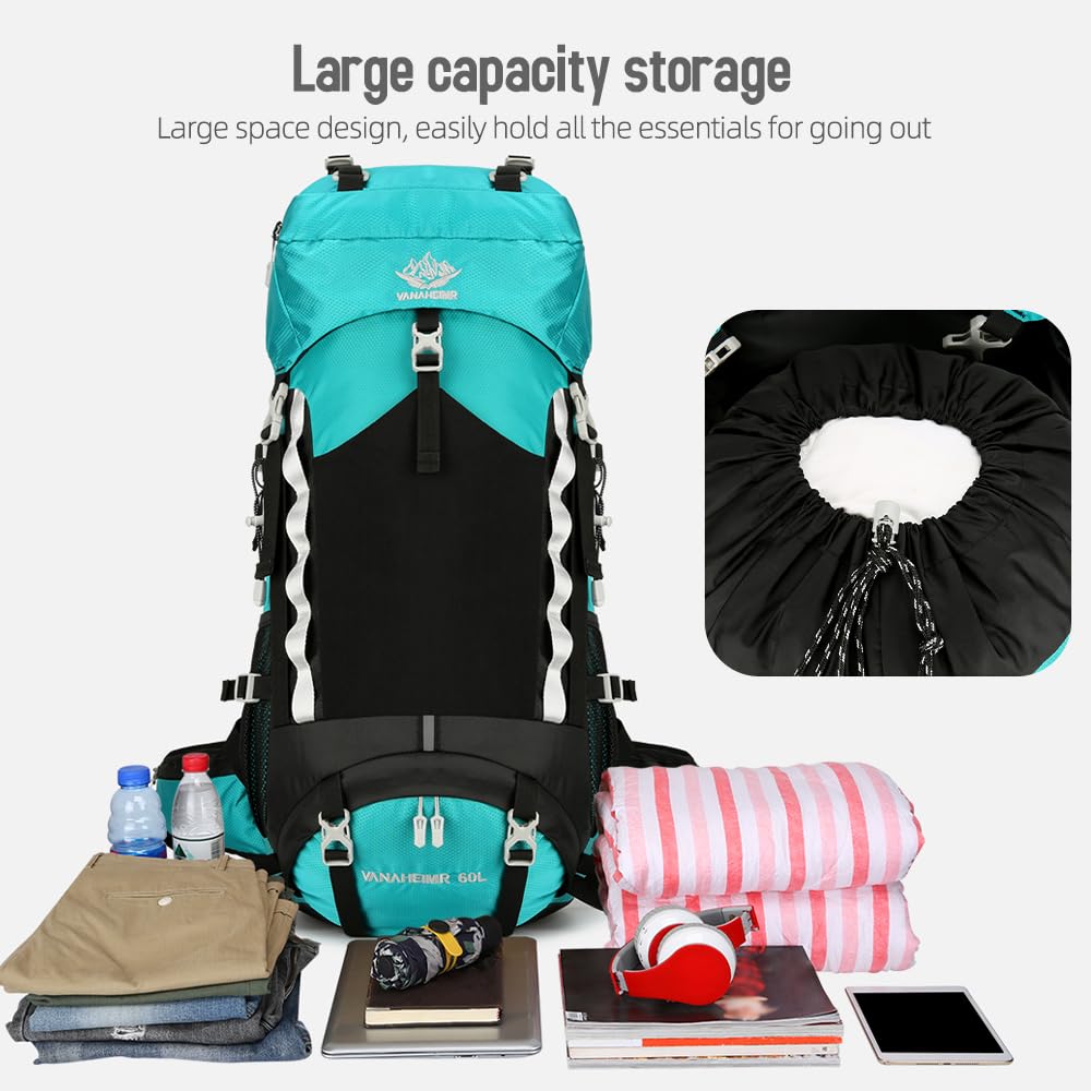 Jemora Sac à dos de randonnée étanche 60L, sac de jour de voyage de Camping avec housse de pluie pour Camping randonnée voyage