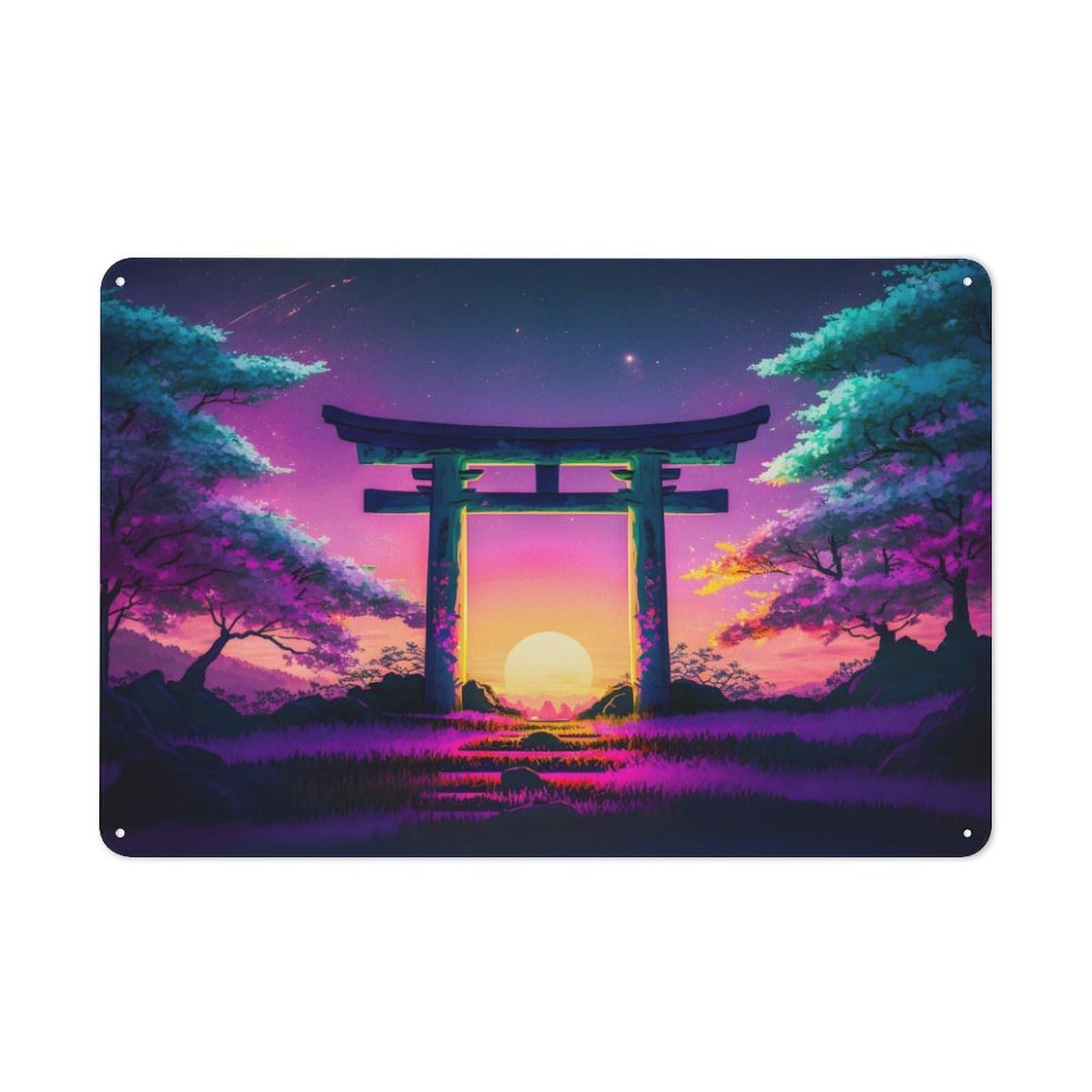 Junmoney Style-24 Decorative Metal Sign With Torii Gate Sunset Design 20X30cm, Cosy Cafe Wall Decor For Kitchen, Cafe, Pantry Or Dining Room
