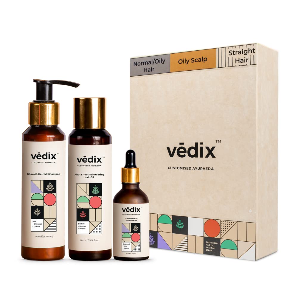 Vedix Customized Hair Fall Control Regimen For Normal/Oily, Scalp & Straight Hair - 3 Product Kit - Anti Hair Fall Oil Berberis + Banyan - Anti-Hairfall Shampoo - Hair Growth Serum