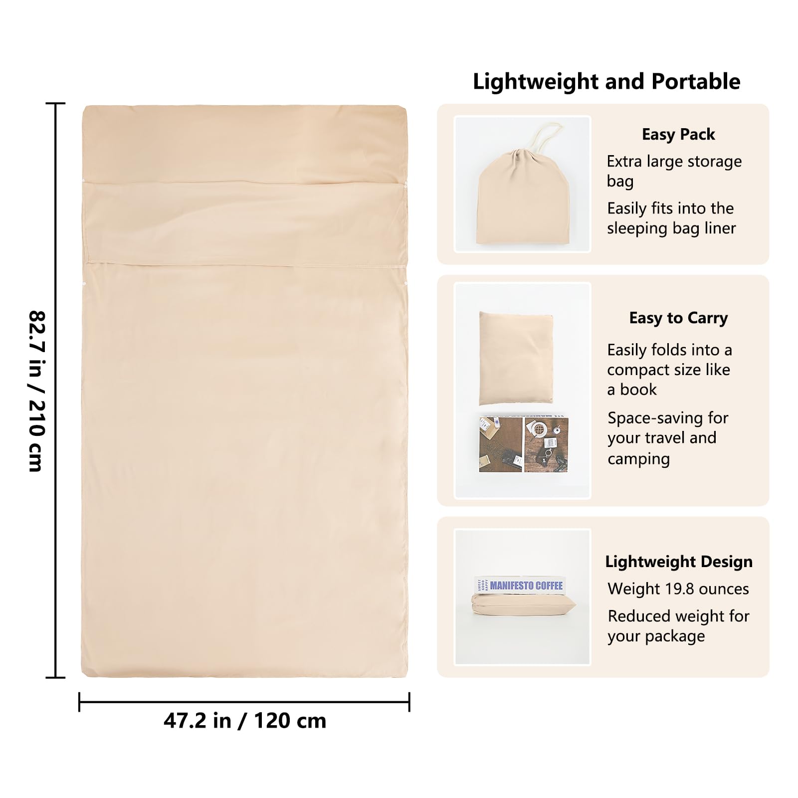 RHINSBENF Sleeping Bag Liner Camping Adult Sleep Sack Lightweight Travel Sheet for Hotel Bed Compact Ultralight Essential Cleaning Supplies Kit Travel Bedding Set for Backpacking (Sandy & Single)