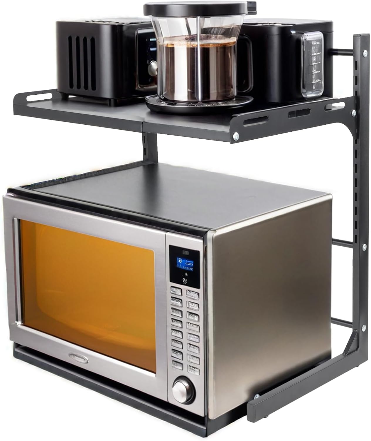 Expandable Microwave Stand Microwave Shelf?Microwave Rack with Hooks?Kitchen Counter Shelf?Carbon Steel Small Microwave Stand?Microwave Stand Countertop and Countertop Organizer Kitchen.