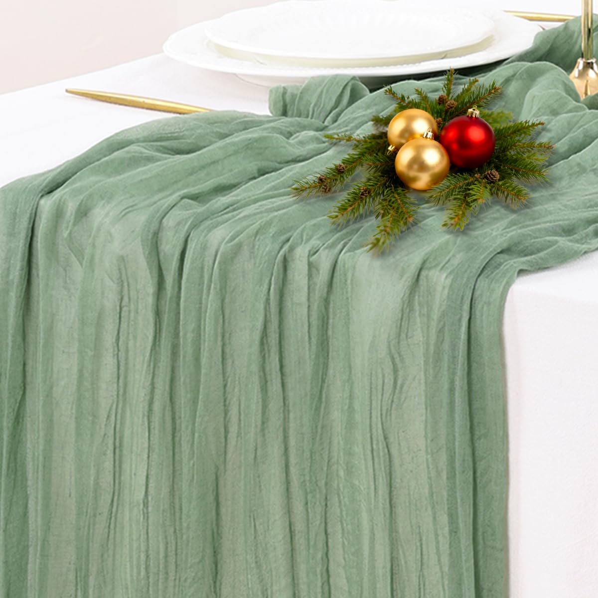 Socomi Sage Green Cheesecloth Table Runner Christmas Boho Rustic Farmhouse Gauze 120 inch 10FT Cheese Cloth Runner for Wedding Party Baby Shower Birthday Home Decor Holiday Decorations