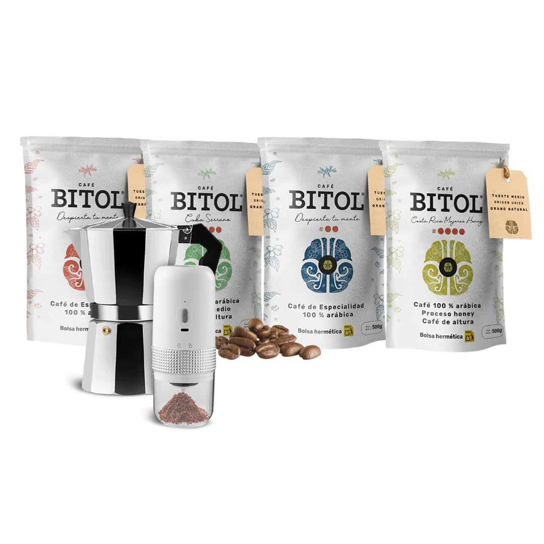 Kit de Iniciación + Itálica BITOL 4 Cafés de Especialidad 100% Arábica (Colombia, Guatemala, Cuba y Costa Rica) 4 x 500 g + Molinillo Manual y Cafetera Moka | Notas de Caramelo y Frutos Secos