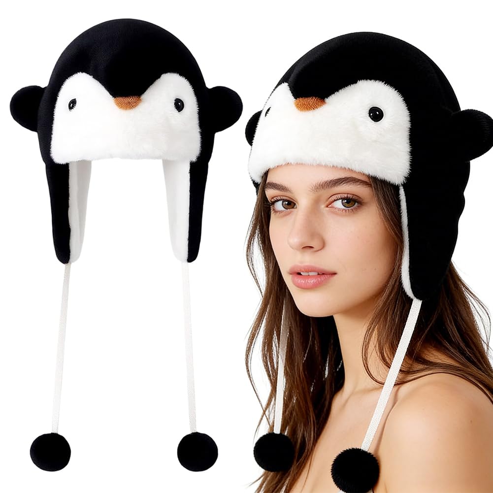 Vexthorion Cute Plush Penguin Hat, Penguin Plush Hat,Funny Animal Ear Ha-t,for Boys Girls and Women,Cosplay Anime Costume for Kids,Birthday Party Gifts (black1)