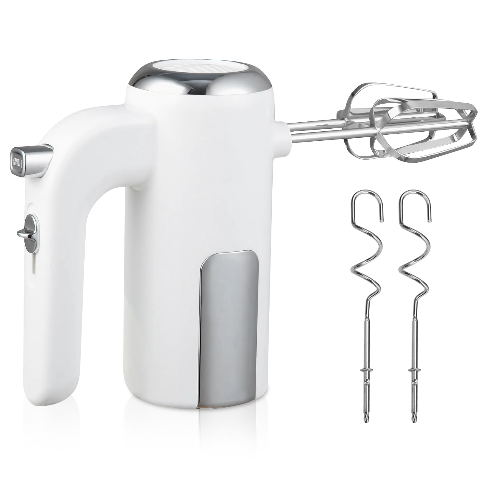 Handmixer 400W, Handrührgerät mit 5 Stufen & Turbo-Funktion, Edelstahl Rührgerät Hand Mixer mit 2 Rührbesen, 2 Knethaken, One-Click Reinigung, für Küche, Backen, Mixen & Kochen