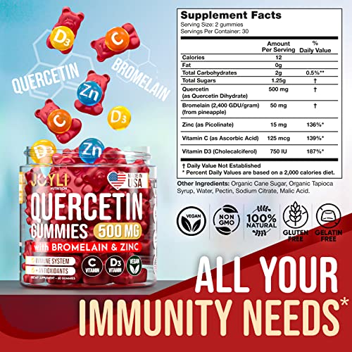 Joyli Quercetin Gummies - Quercetin With Bromelain, Zinc & Vitamin C - Quercetin 500Mg Supplement For Immune System Support - Pure Quercetin For Kids And Adults - 60 Pcs Quercetin Chewable #TOP2