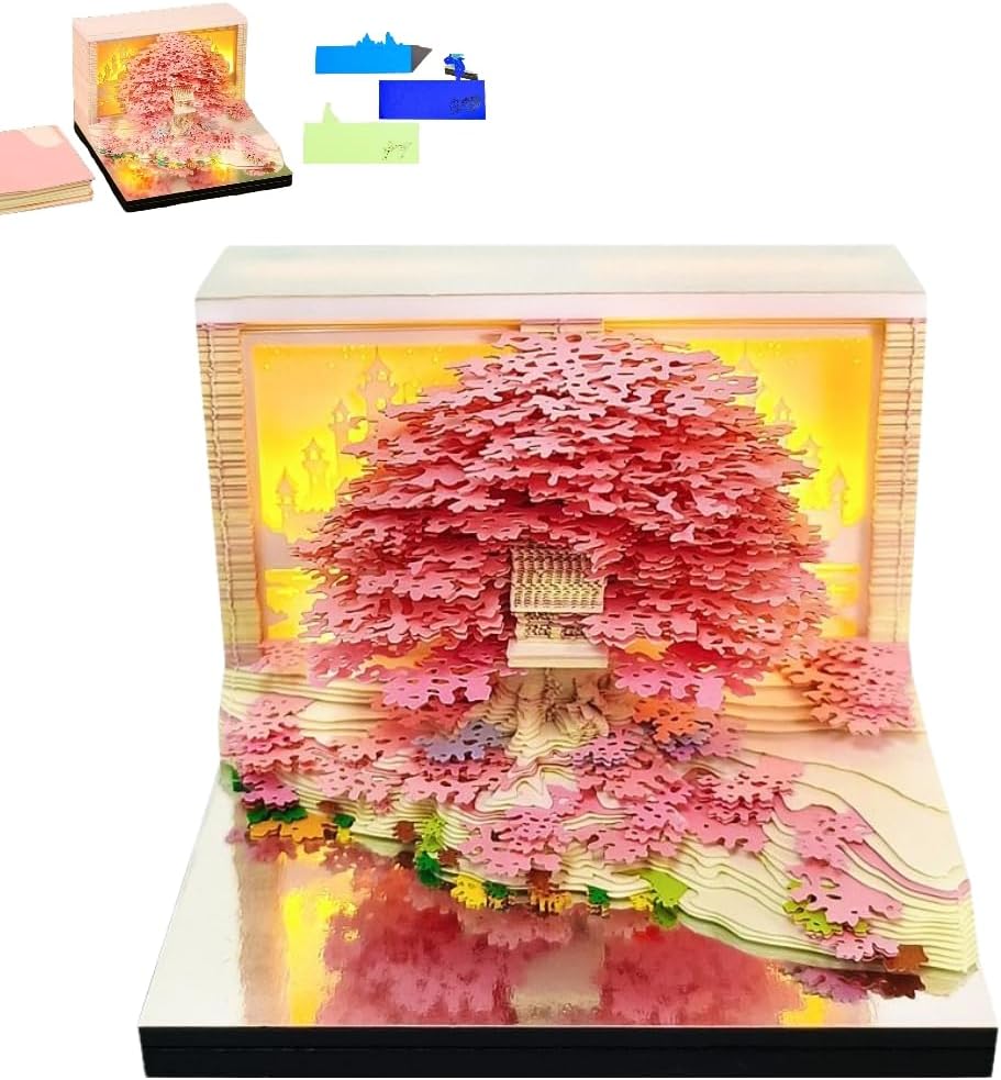 3D Calendar 2026, Time Piece Calendar 2026 Tear-off Art Paper Sculpture, Weekly Calender Tree House Memo Pad with Light for School/Office/Home, Pink