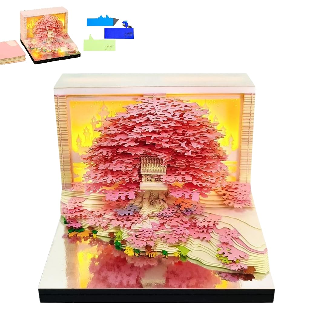 3D Calendar 2026,Time Piece Calendar 2026 Tear-off Art Paper Sculpture,Weekly Calender Tree House Memo Pad with Light for School/Office/Home, Pink