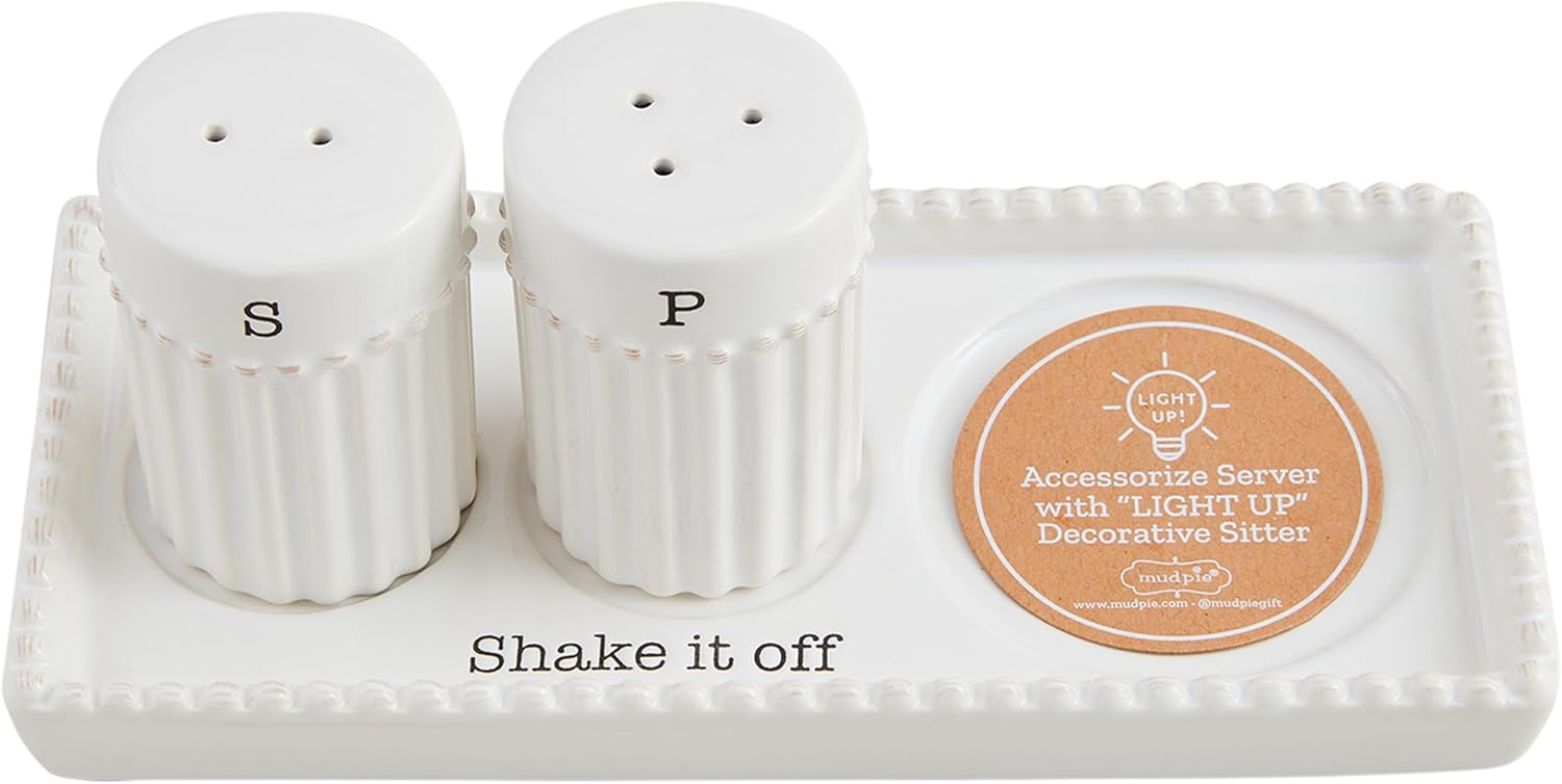 Mud Pie Salt Pepper Accessory Holder; shaker 2 3/4" x 1 3/4" dia | tray 3 1/4" x 6 3/4"