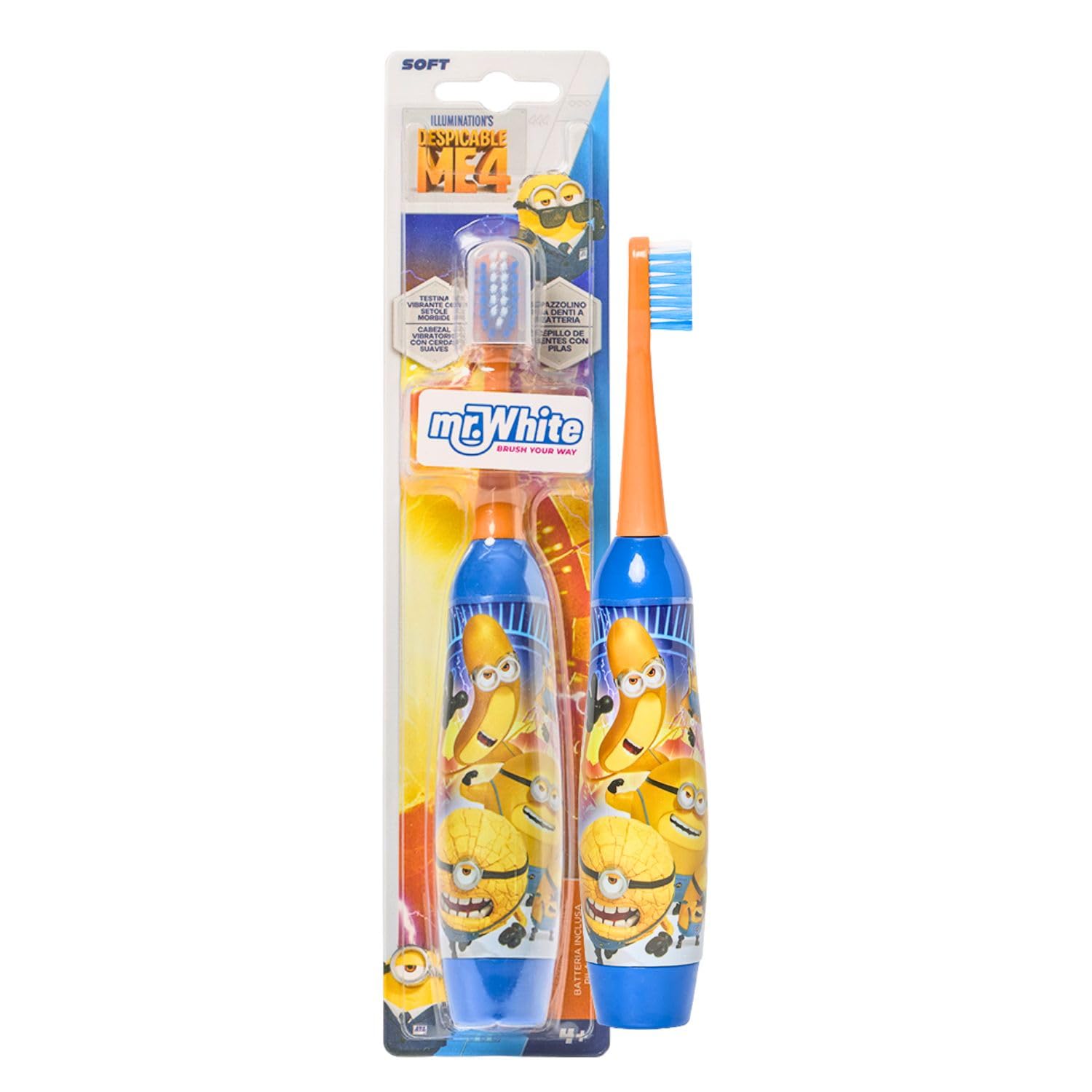 Minions Kids Battery Powered Electric Toothbrush with Soft Bristles, Enhanced Vibration, Protection Cap & Battery Included for Children Aged 4-14 Years Old, BPA-Free & Non-Toxic Toothbrush
